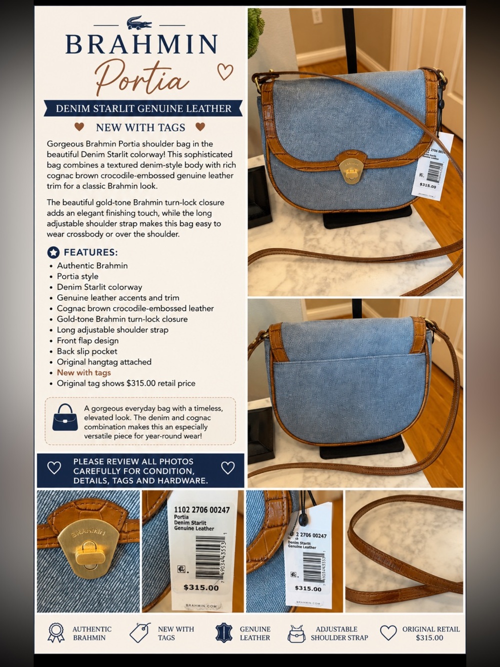 Brahmin Portia Shoulder Bag – Denim Starlit Genuine Leather – NWT